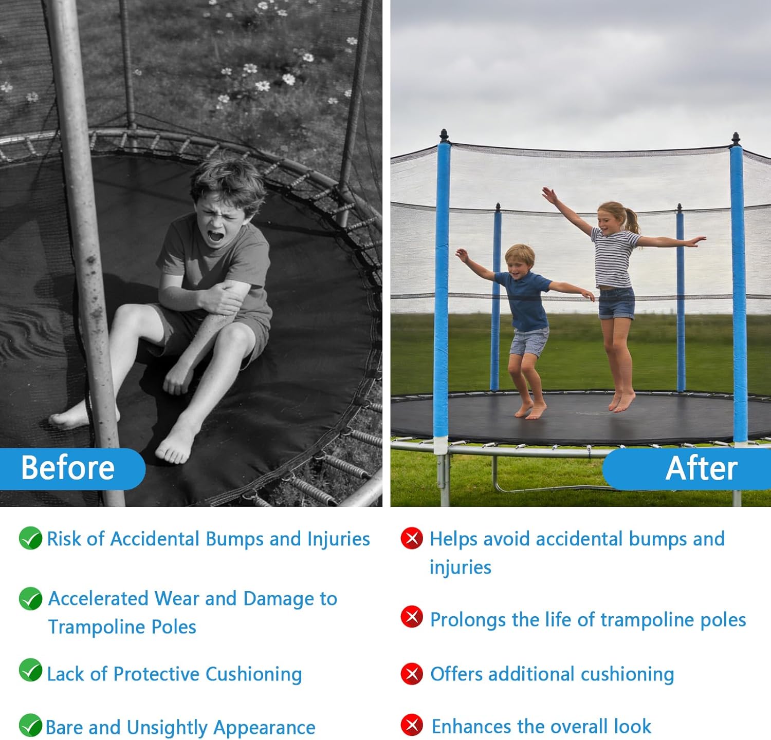 12 PCS Trampoline Pole Covers with 25 Ties Heavy-Duty Trampoline Pole Foam Sleeves for Jumping Mat Enclosure Net Poles Waterproof Protective Covers for Indoor and Outdoor Use, 2 x 35.5 Inch(Blue)