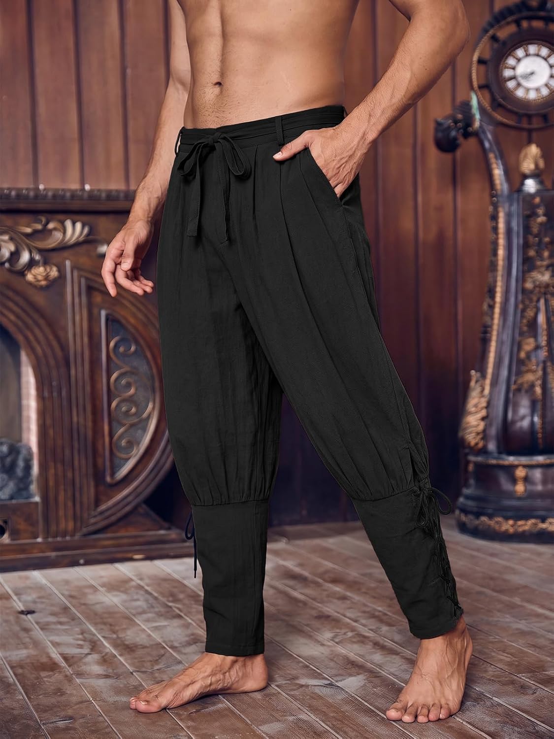 Runcati Mens Medieval Pirate Pants Ankle Banded Renaissance Viking Trousers