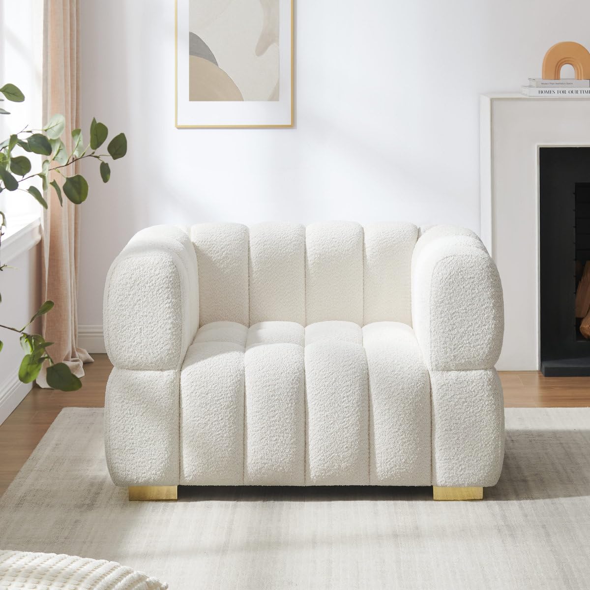 Aauja Boucle Upholstered Tufted Accent Chair – Modern Extra-Wide Lounge Chair for Living Room & Bedroom (White)-image-3