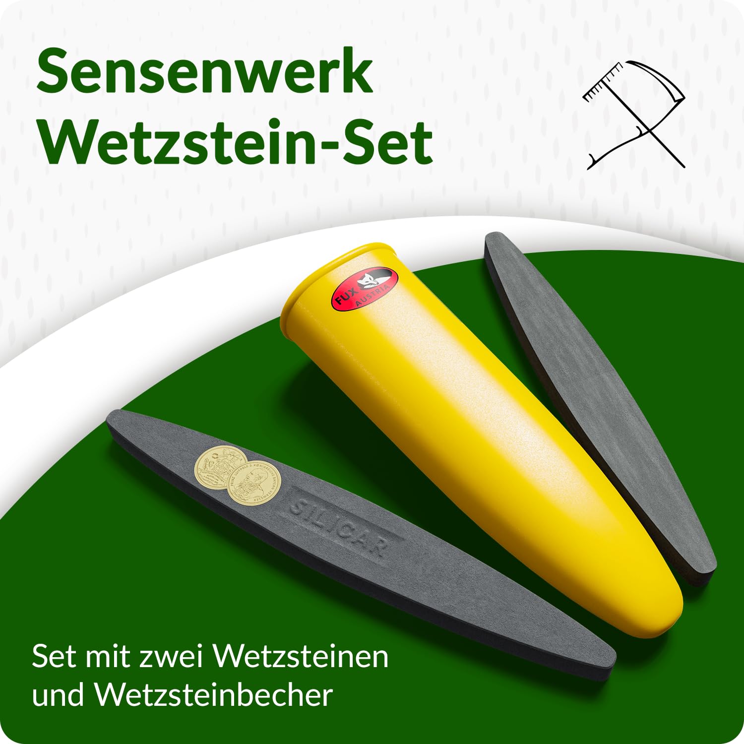 3er Set Wetzstein für Sensen – inkl. Sensenwetzsteine grob NK150 aus Norm alkorund, fein CD400 aus Siliciumcarbid und Schleifsteinhalter für Gürtel
