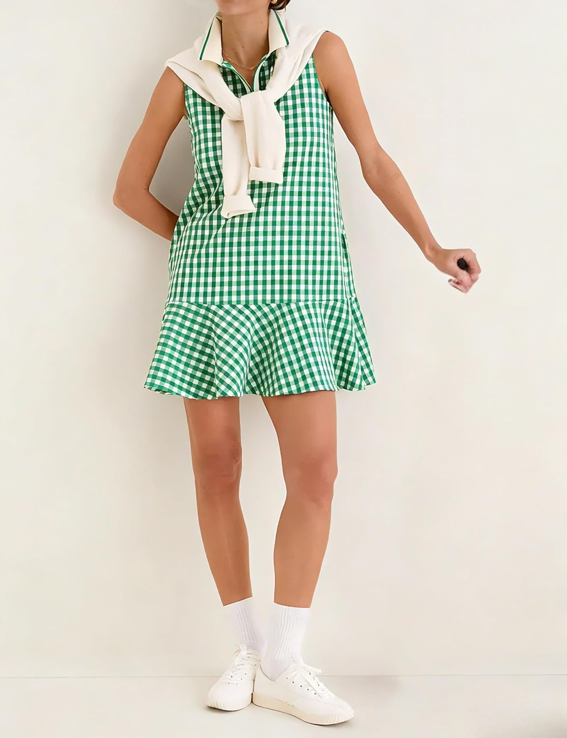 Womens Gingham Polo Dress V Neck Sleeveless Ruffled Hem Mini Dresses Plaid Button Front Tennis Dress