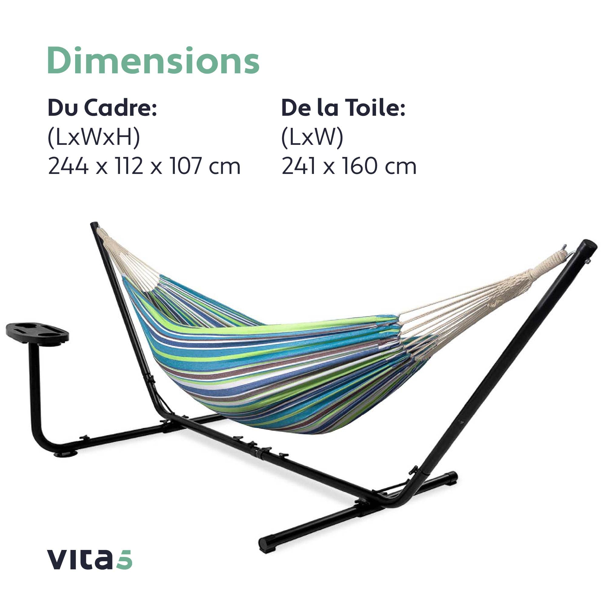 Vita5 Hamac avec Support – Support Réglable 290 à 330 cm – Grand Hamac en 80% Coton et 20% Polyester pour Jardin, Terrasse, Balcon et Camping – avec Sac de Transport