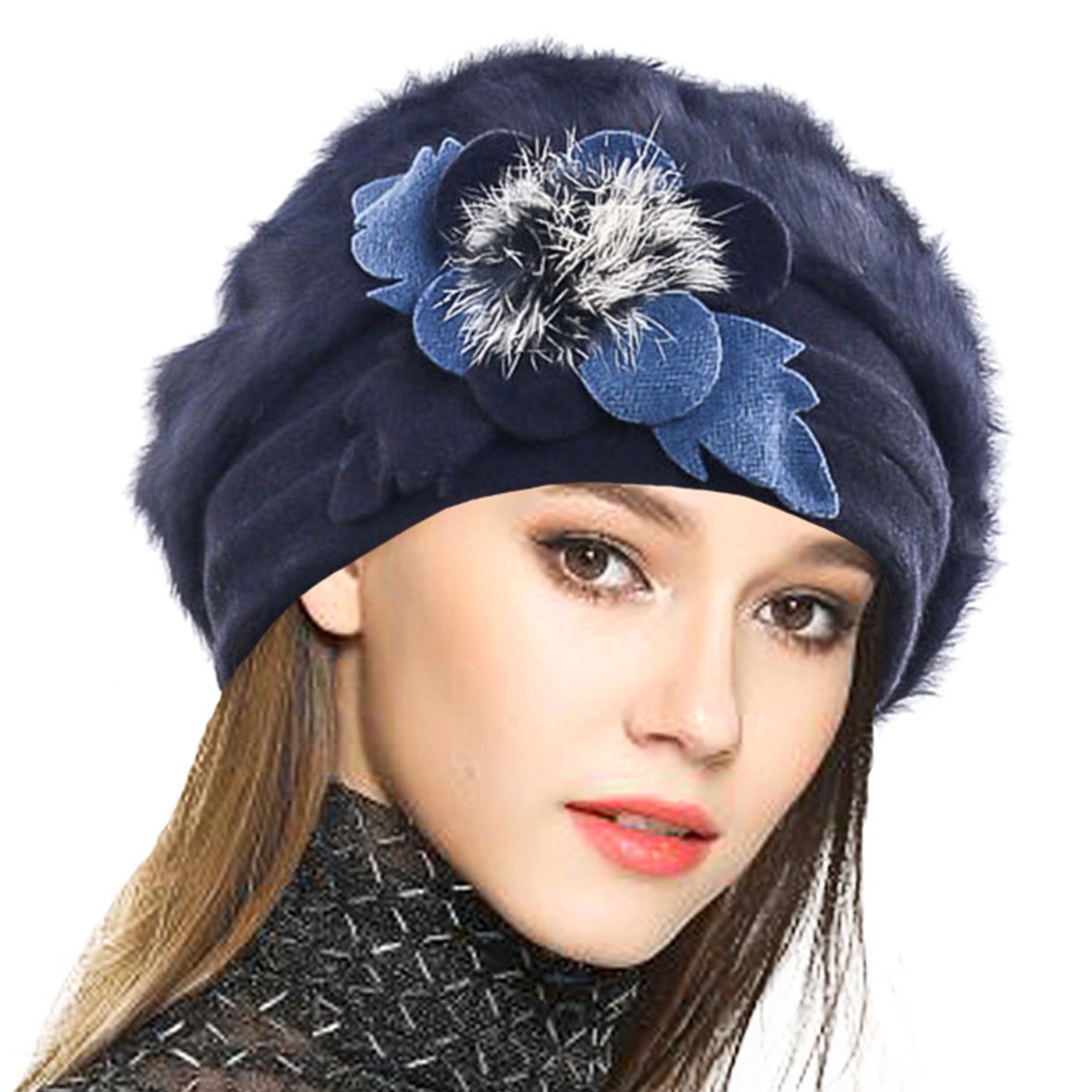 Vecry Women's Navy Wool Beret Angola Knit Beanie Skull Cap Dress Winter Hats (Navy)(Size:m)