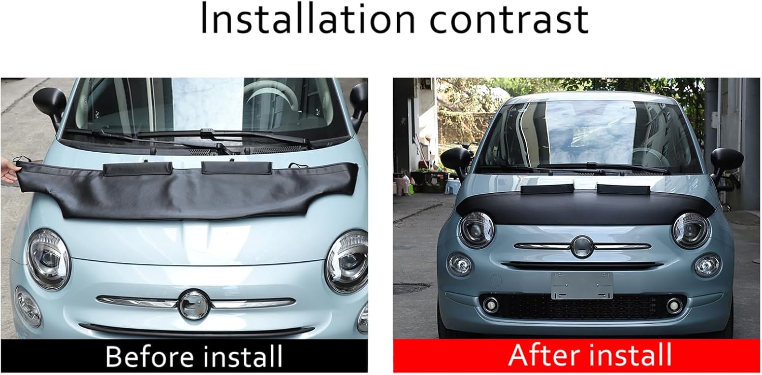 Car Bonnet Hood Protector Bra Compatible with Fiat 500 2007-2024,Leather Front End Nose Mask Bonnet Bra 1PCS,Black Engine Cover Anti Scratch Mask Exterior Accessories