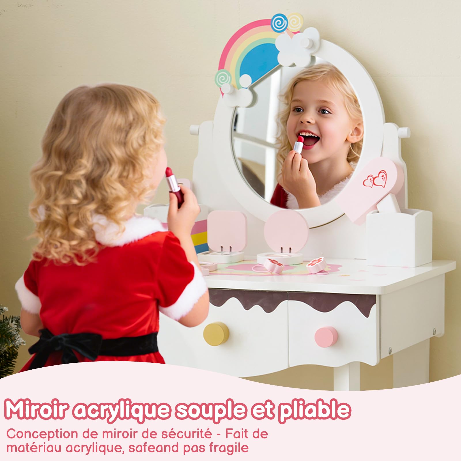 LALAHO Coiffeuse pour Enfants avec Miroir à Trois Volets, Tabouret et 7 Accessoires de Maquillage Jouet (Blanc)