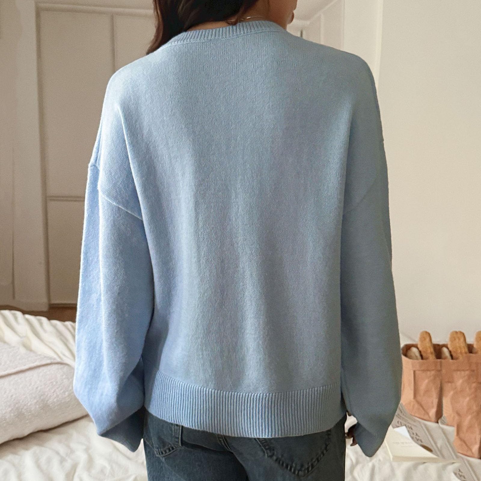 Pull à Manches Longues à col en V pour Femmes, Haut tricoté à côtes Douces, Pull décontracté Confortable de Couleur Solide