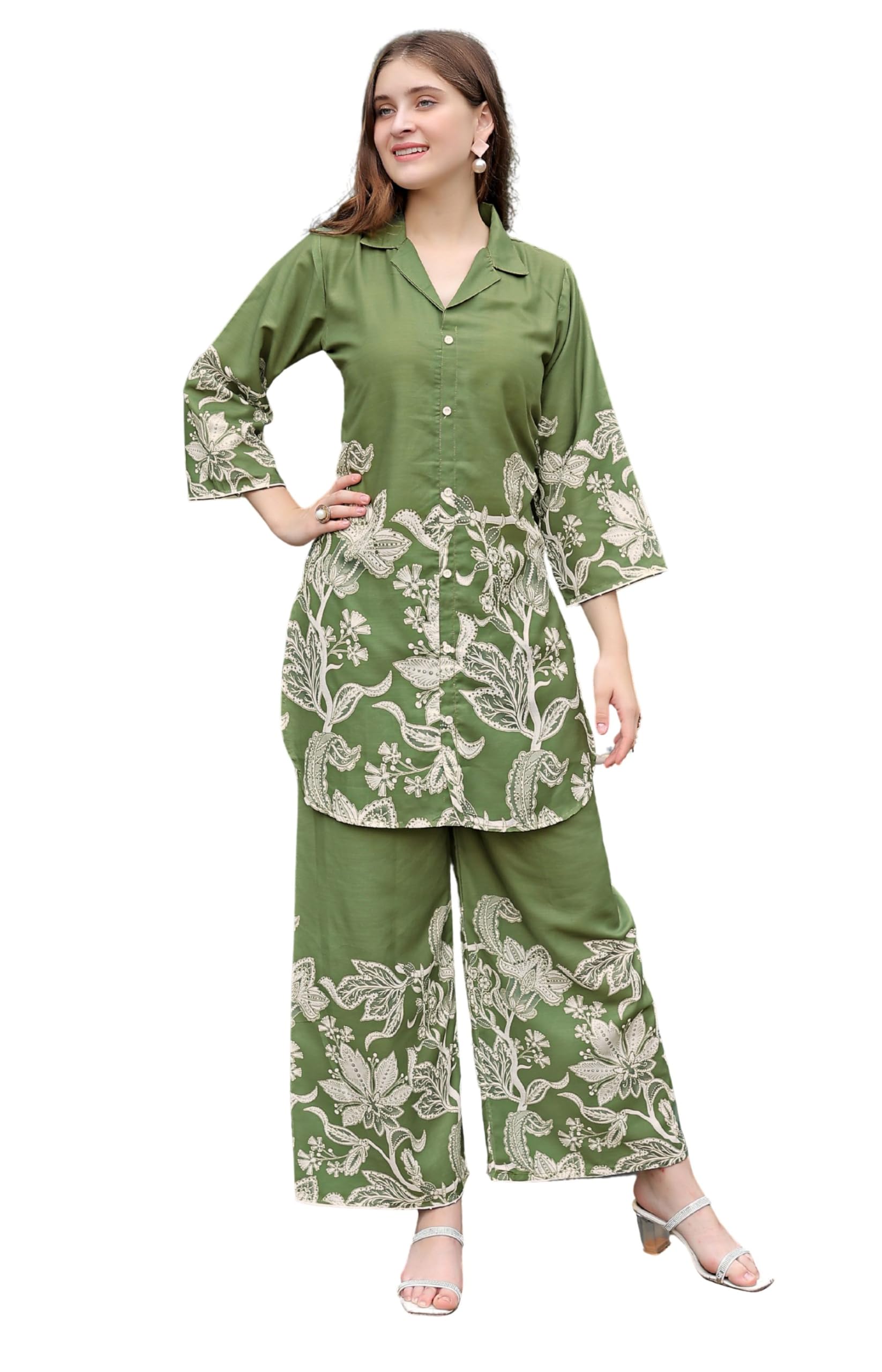 Women's Rayon Slub 3/4 Sleeve Collar Neck Floral Printed Mehandi Top with Matching Pant Cord-Set-picture-55