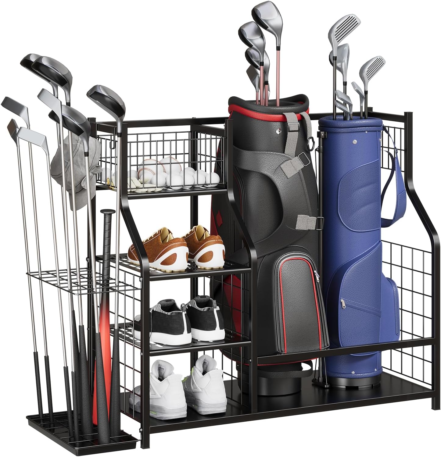 GarveeLife Golf Bag Organizer, Sports Equipment Organizer, Sports Organizer for Garage, Golf Bag Stand for Garage with Baskets, Hooks