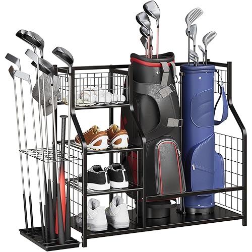 GarveeLife Golf Bag Organizer, Sports Equipment Organizer, Sports Organizer for Garage, Golf Bag Stand for Garage with Baskets, Hooks