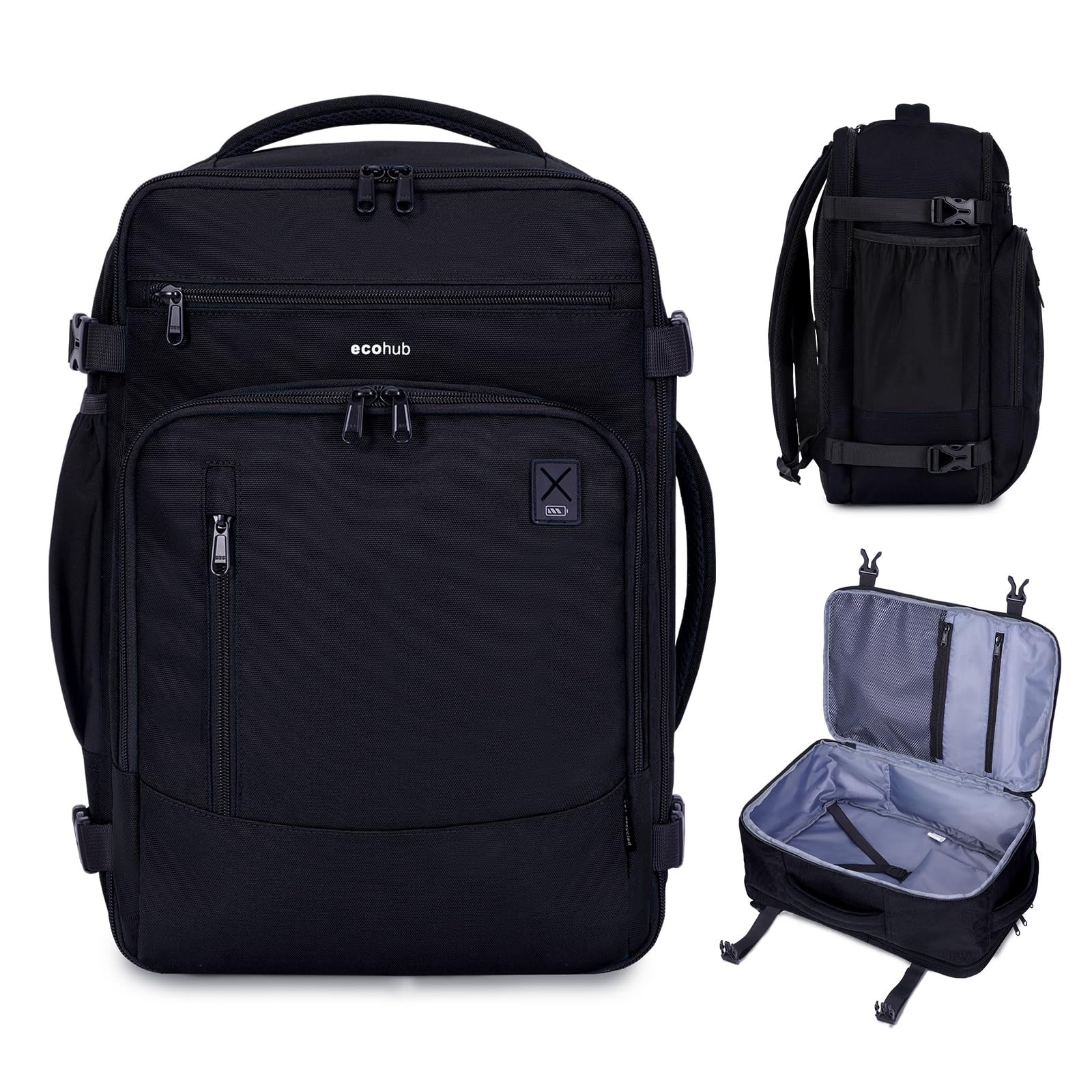 ECOHUB Bagages Cabine 40x20x25 Ryanair Sac a Dos Voyage Cabine Avion Bagage à Main Sac à Dos Ordinateur Portable 14 Pouces Homme Recyclable PET Ecologique Sous le Siège Sac Portatif 20L(Noir)