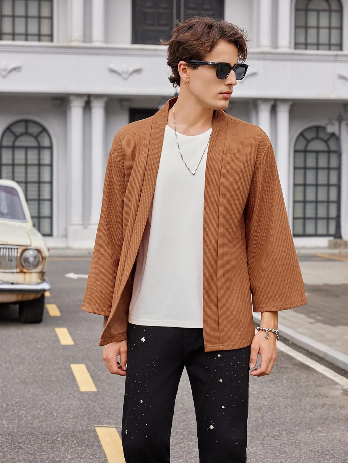 OYOANGLE Men's Japanese Rib Knit Kimono Cardigan Jackets Long Sleeve Open Front Coat Yukata Outwear - Image 5