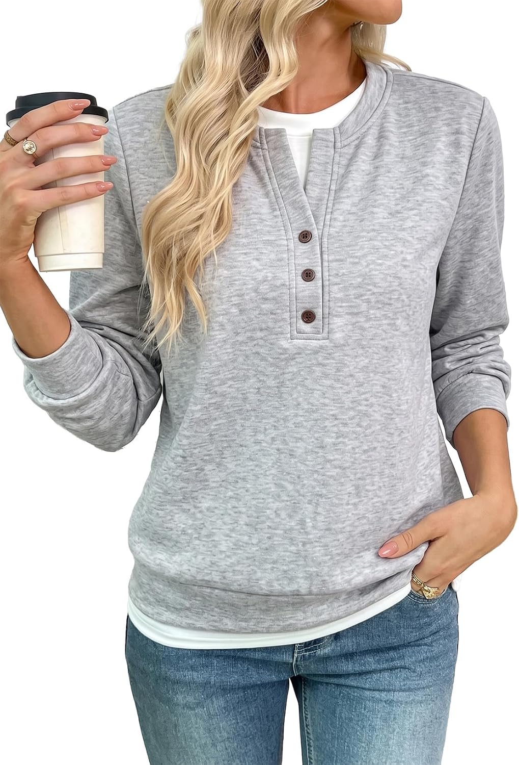 EVALESS Womens Crewneck Sweatshirt Casual Henley Long Sleeve Shirts Tops
