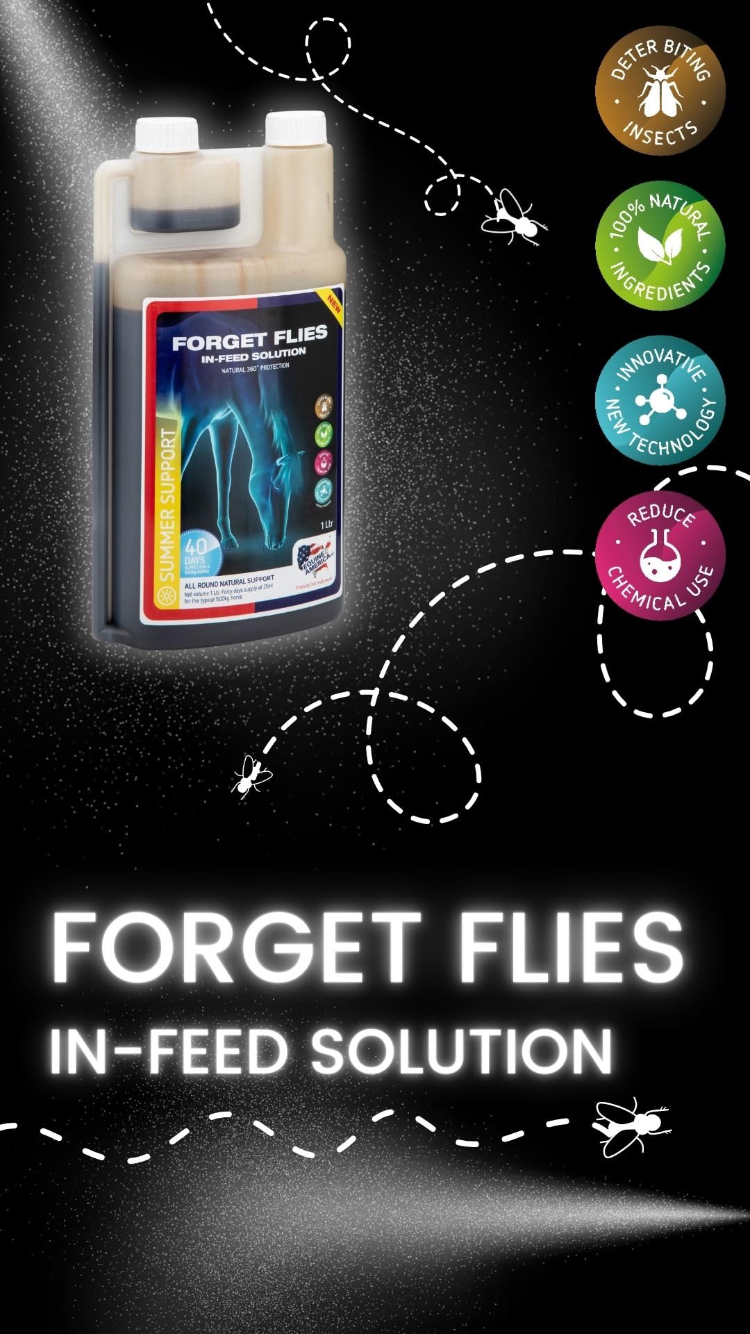Forget Flies In-Feed Solution Equine America 1 L Ingredientes Naturales para repeler Moscas