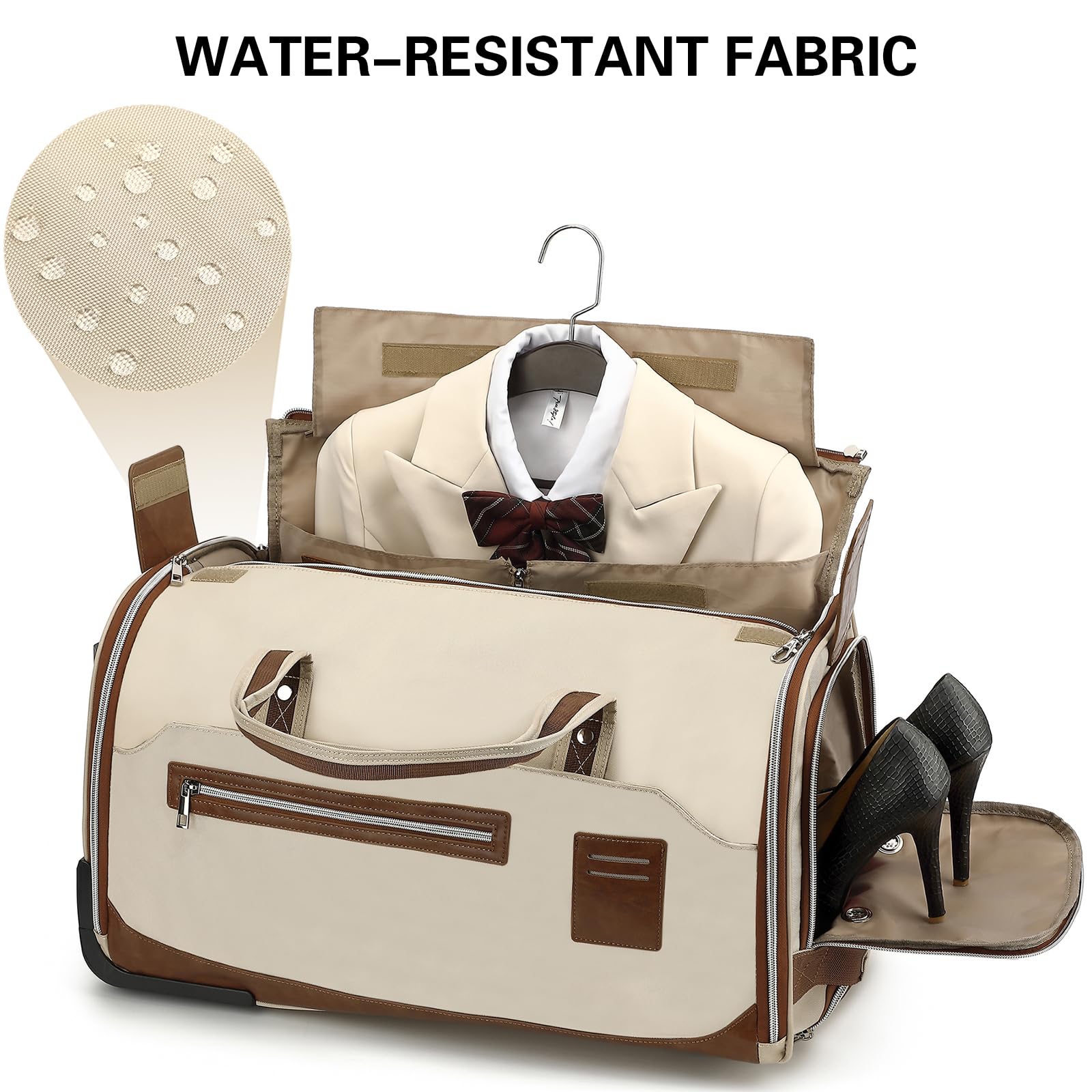 Kleidersack Reisetasche mit Rollen für Damen Umwandelbare Anzugtasche Handgepäck mit Griff und Schuhfach für Kleider Reise Business Hochzeiten 3-in-1-Trolley Garment Duffel Bag 55L, Beige