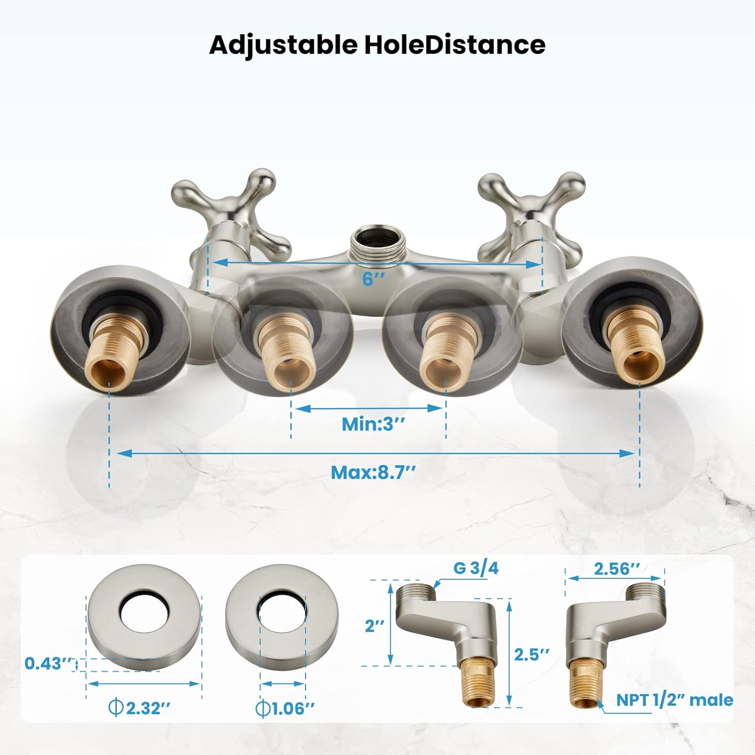 gotonovo Wall Mount Kitchen Sink Faucet Double Cross Handle Commercial Faucet 6 Inch Center Hole Distance Spread Mixer Tap 360 Rotatable Spout 8 Inch Spout Reach Brushed Nickel