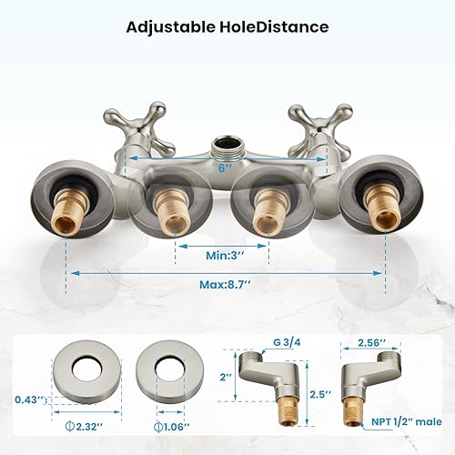 Miniatura 7 de gotonovo Grifo de cocina de montaje en pared, níquel cepillado, doble mango cruzado, comercial, de 3 a 9 pulgadas, ajustable, con alcance de