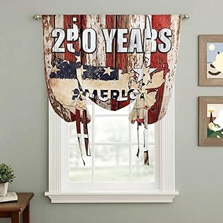 Independence Day Tie Up Curtains, America 250 Years Vintage Country Red Wood Grain Adjustable Rod Pocket Balloon Curtains Light Blocking Window Treatment for Kitchen Living Room Bedroom, 42 × 54 in