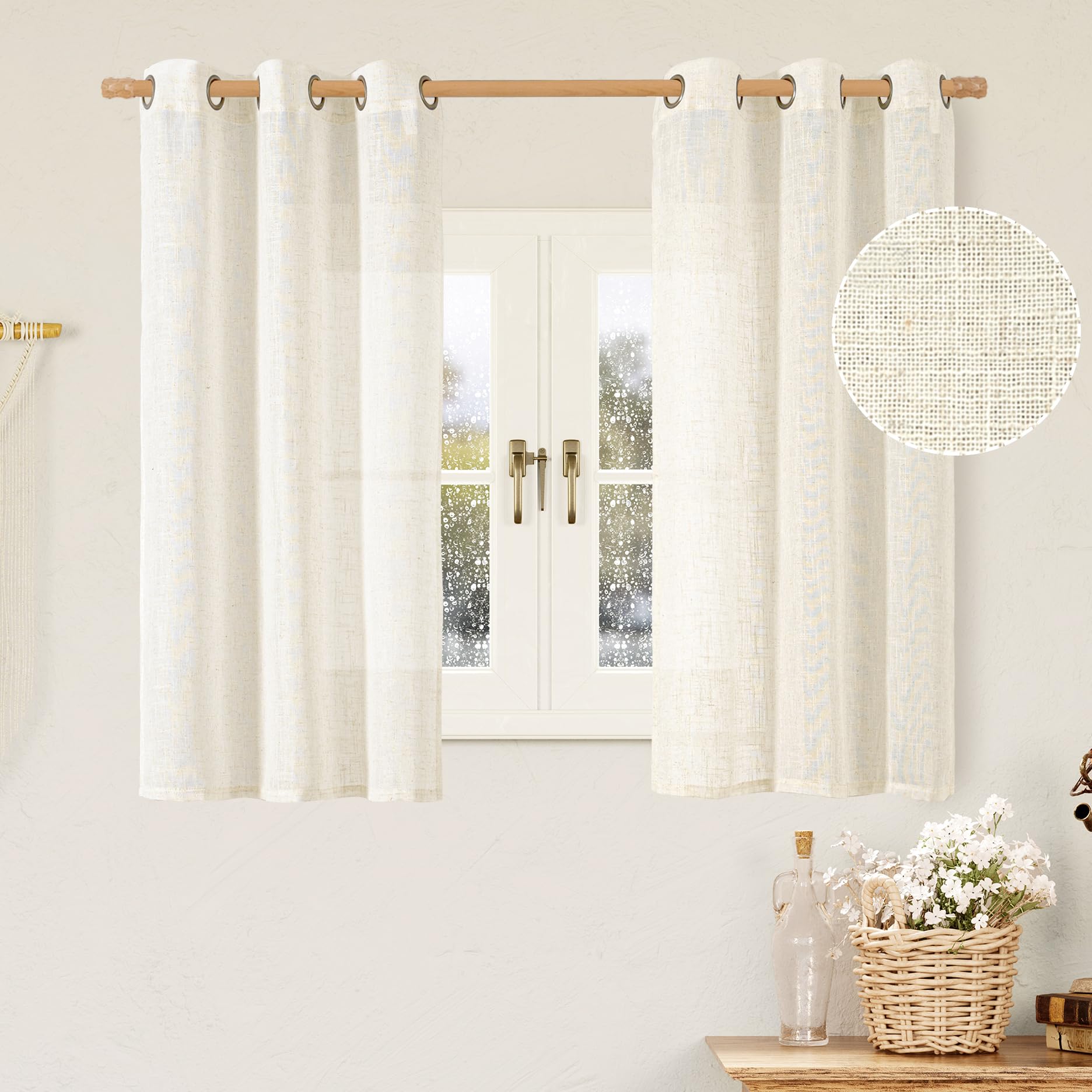 LAMIT Short Linen Sheer Curtains 54 inch Length for Windows, Cream Ivory Light Filtering Panels Bronze Grommet Boho Neutral Drapes for Bedroom/