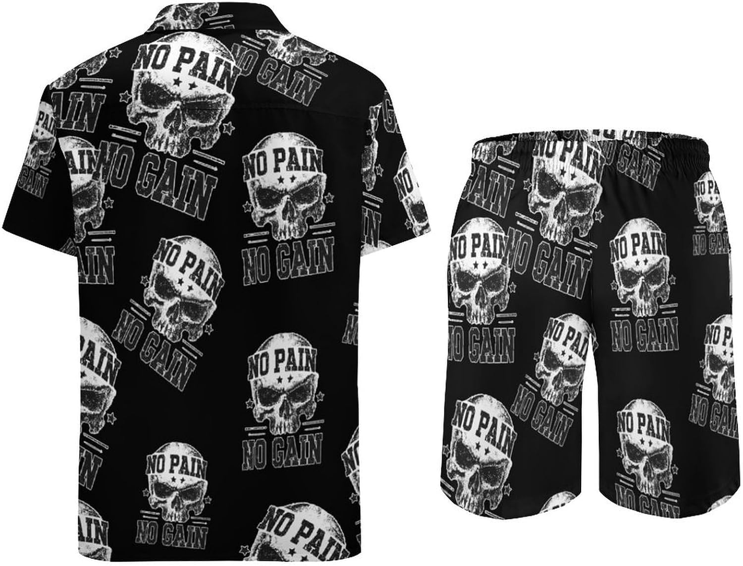 Grunge No Pain No Gain Camouflage Men's Summer Beach 2 Piece Outfits | hawaiian button down shirt and shorts,vacation cruise,mens bathing suit