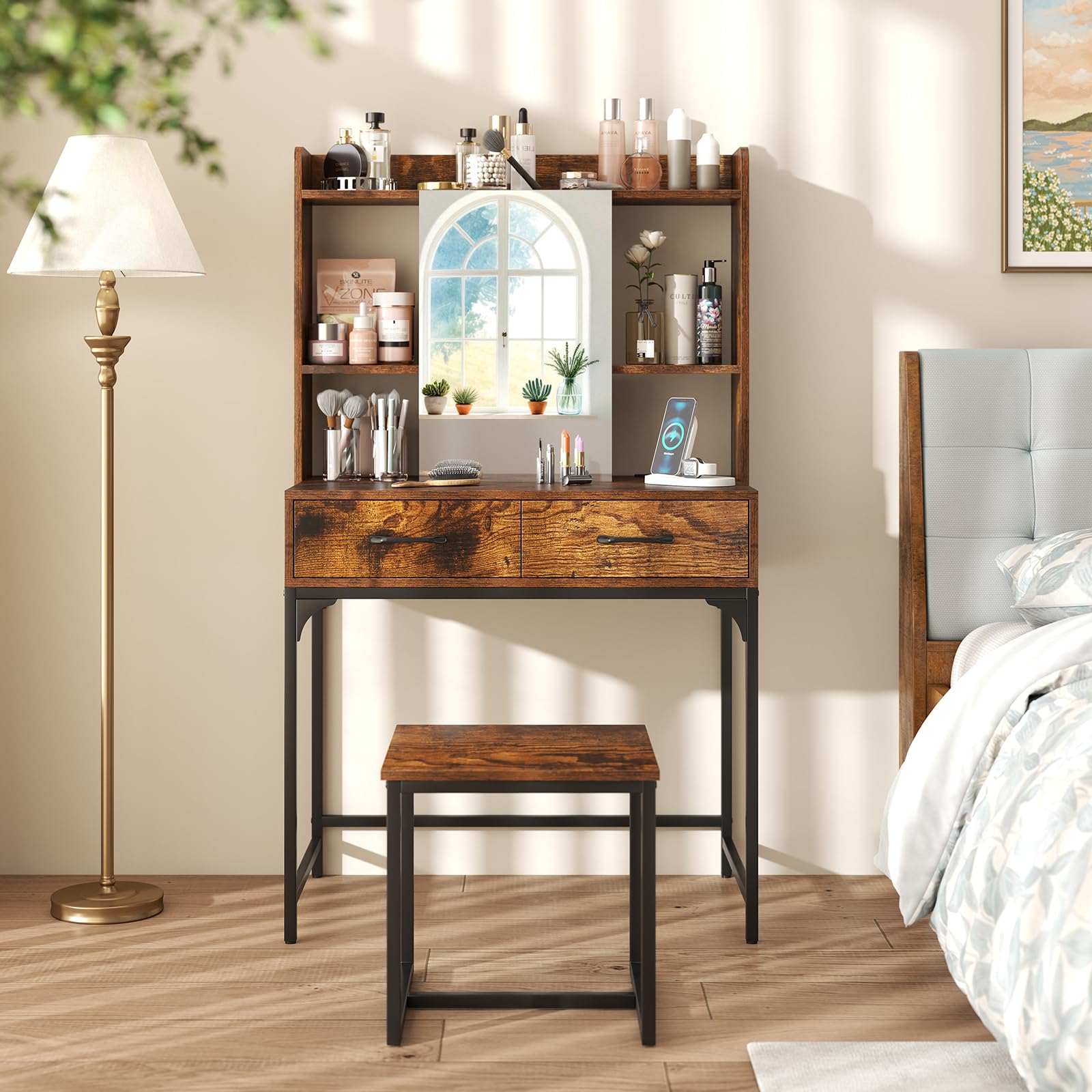 COSTWAY Toletta da Trucco con Specchio, Set Tavolo e Sgabello da Trucco con Stazione di Ricarica, Cassetti, Ripiani Aperti e Armadio, Consolle Toeletta con Sgabello, 80 x 50 x 138 cm (Marrone)
