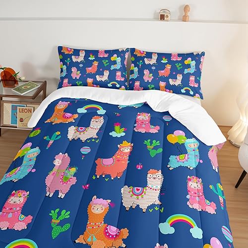 Miniatura 5 de HOSIMA Lindo juego de edredón de llama para niños, tamaño King, edredón de alpaca arcoíris de dibujos animados con 2 fundas de almohada, juegos de