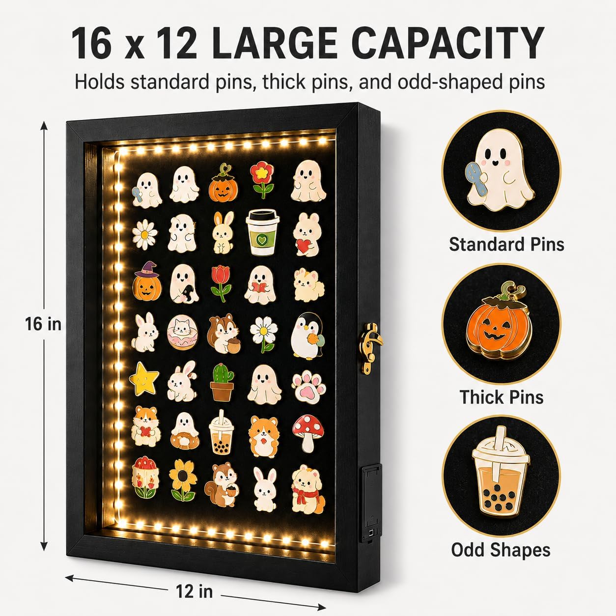 Light Up Pin Display Case - 12x16 Black Shadow Box Frame with Opening Door, Pin Board for Enamel Pins, Pin Holder and Pin Collection Display Frame for Wall or Tabletop