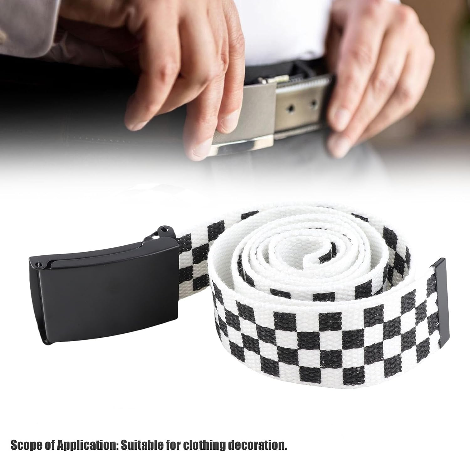Classic Checkered Canvas Belt, 43" Adjustable Length, Black and White Grid Strap with Military Style Metal Buckle, Cut to Size Punk Rock Flip Top Casual Belt for Daily Fashion Outfit Decoration