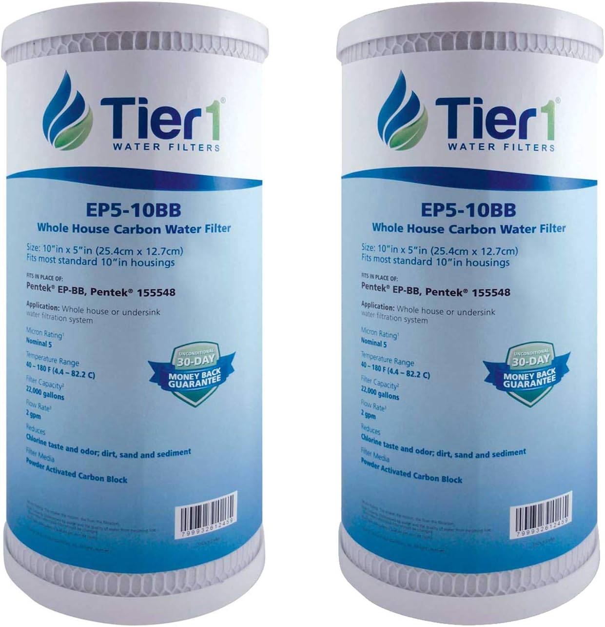 Tier1 5 Micron 10 x 4.5 Water Filter | Whole House Carbon Block Water Filter Replacement Cartridge | Replacement for Pentek EP-BB, EP5-BB, 155548-43, CG5-104, EV910805 | 4.5 x 10 Water Filter (2-Pack)