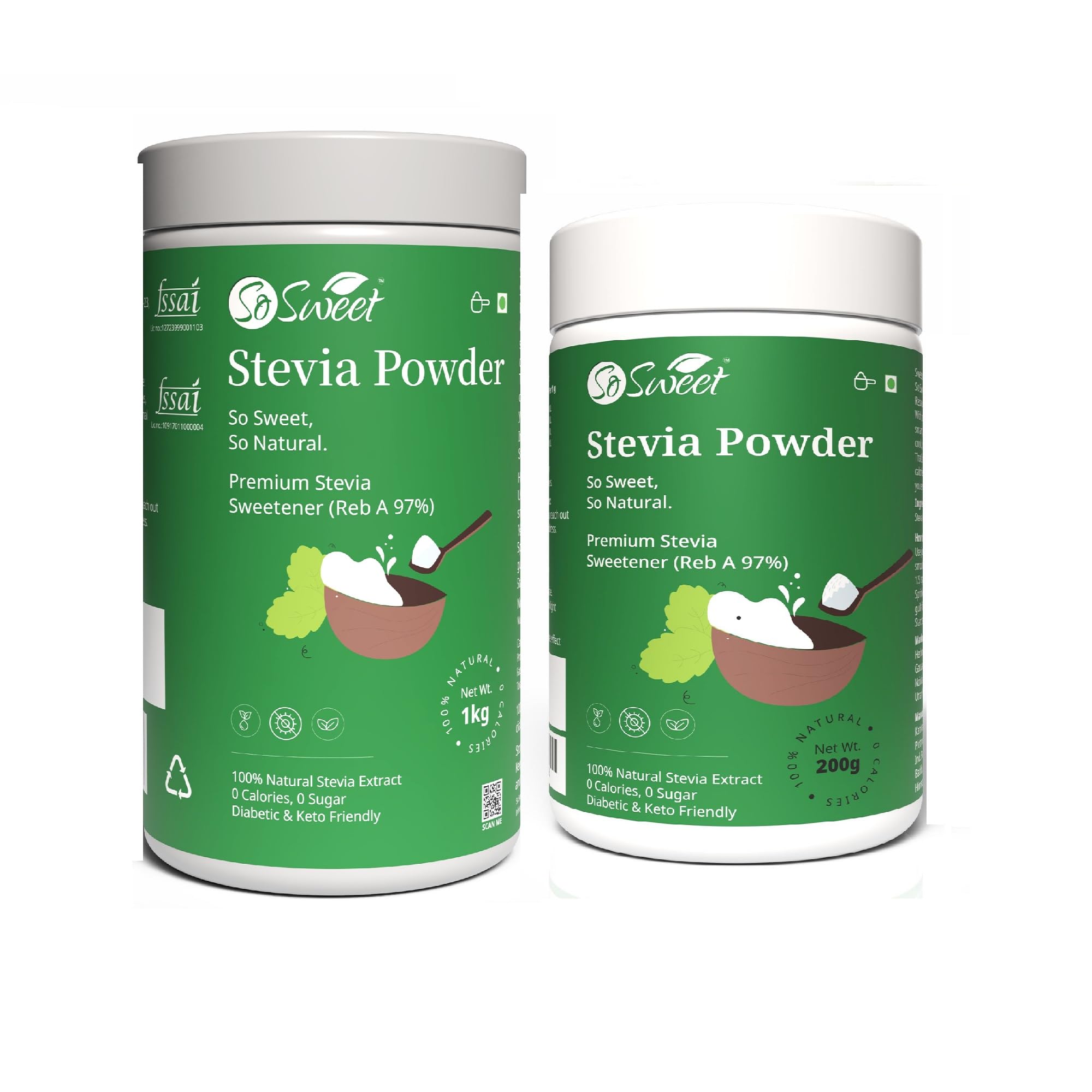 So Sweet Stevia Powder (1kg + 200g), Zero-Calorie, Natural Sweetener Combo, Diabetic & Keto-Friendly, Perfect for Sweetening Beverages, Baking, and Cooking (Pack of 2), Sugar-Free