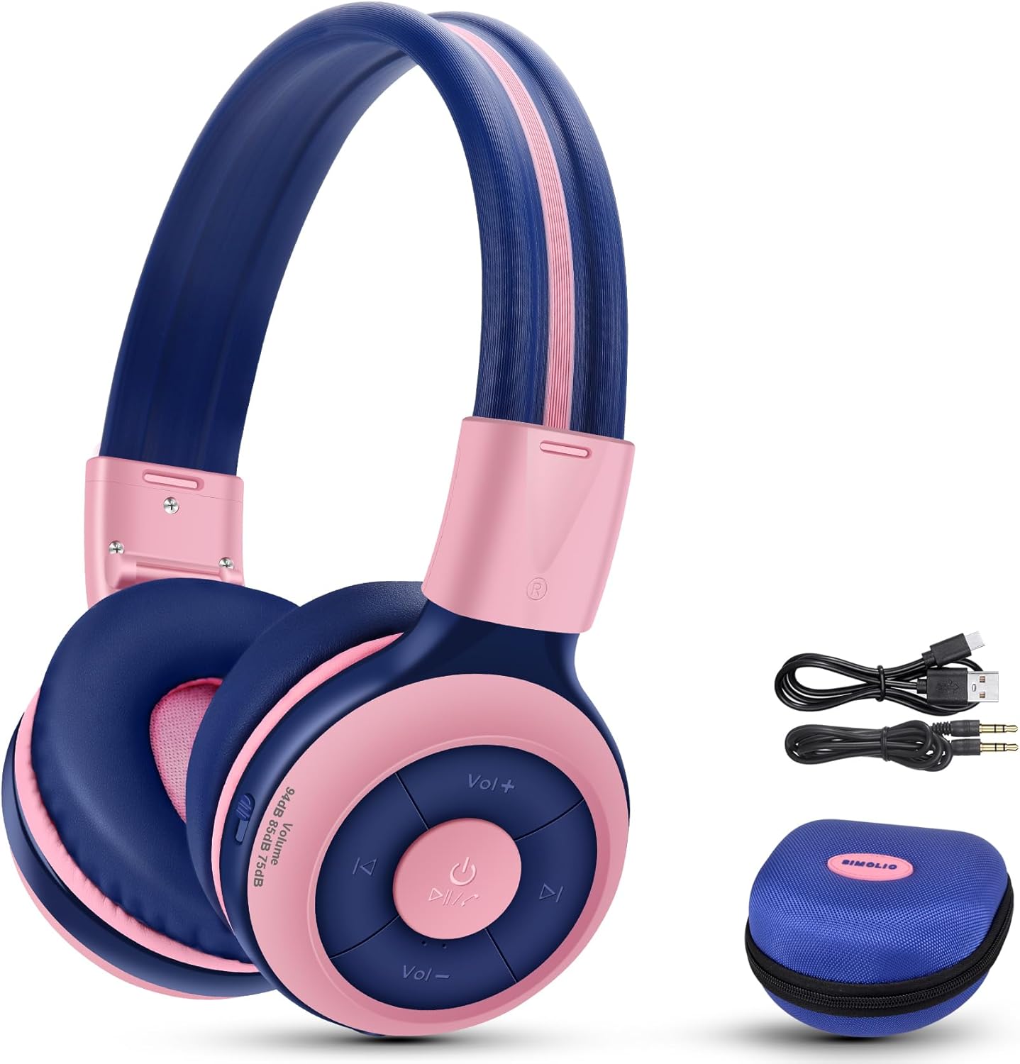 SIMOLIO JH-712 headphones in pink and blue, with charging cable, audio cable, and blue EVA carrying case.