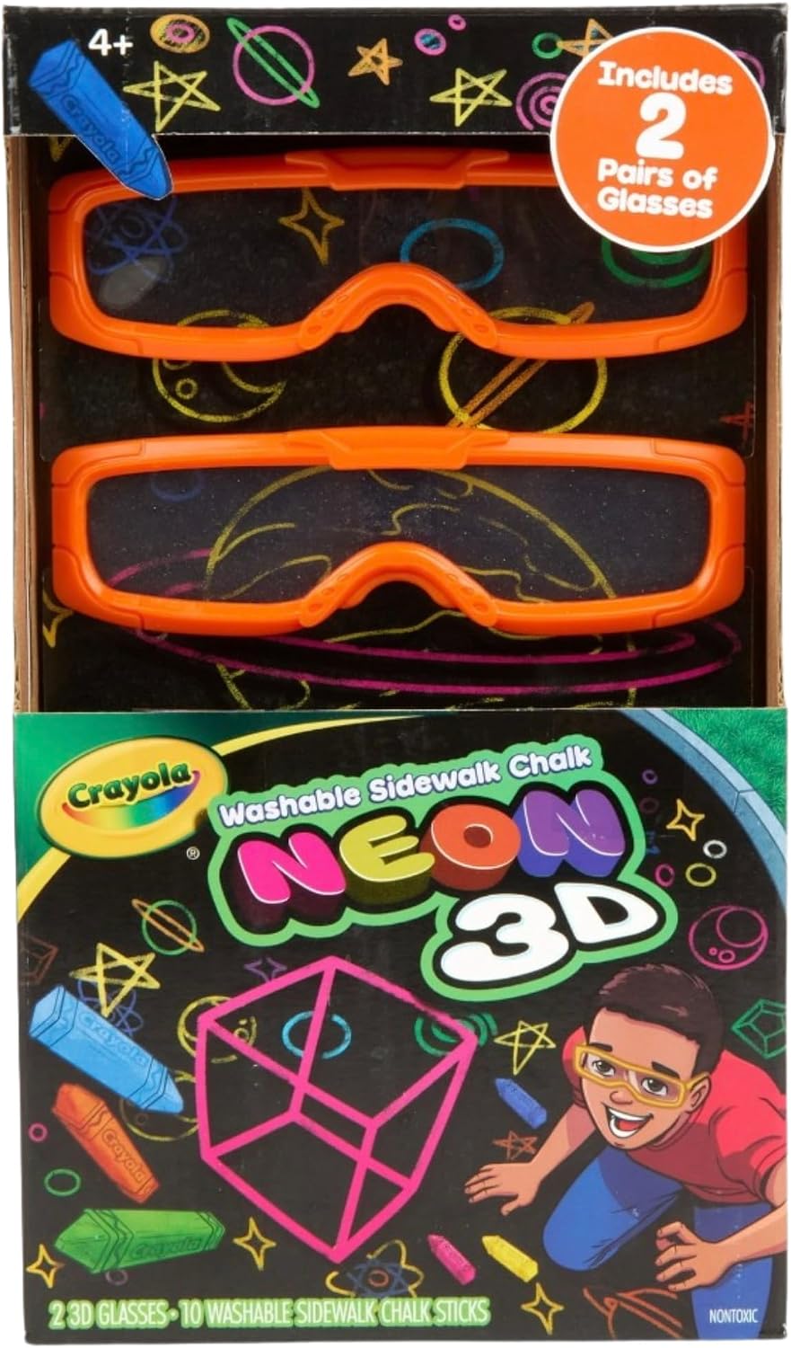 Crayola Neon 3D Washable Sidewalk Chalk Set, 10 Chalk Sticks with 2 Pairs of 3D Glasses, Ages 4+