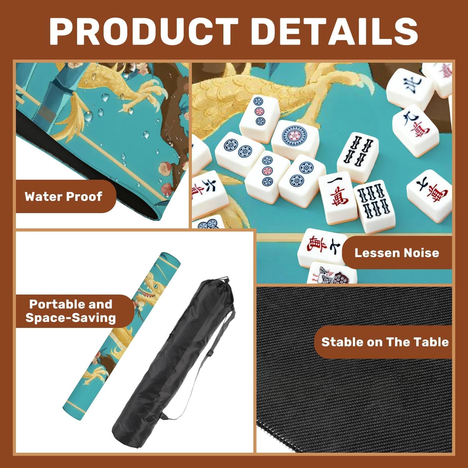 Mahjong Mat 31.5" x 31.5" Golden Dragon Bamboo Cherry Blossoms Vibrant Teal Art Style Non-Slip Noise Reduction Mahjong Tiles Table Cover for Dominoes Poker Card Board and Tile Games