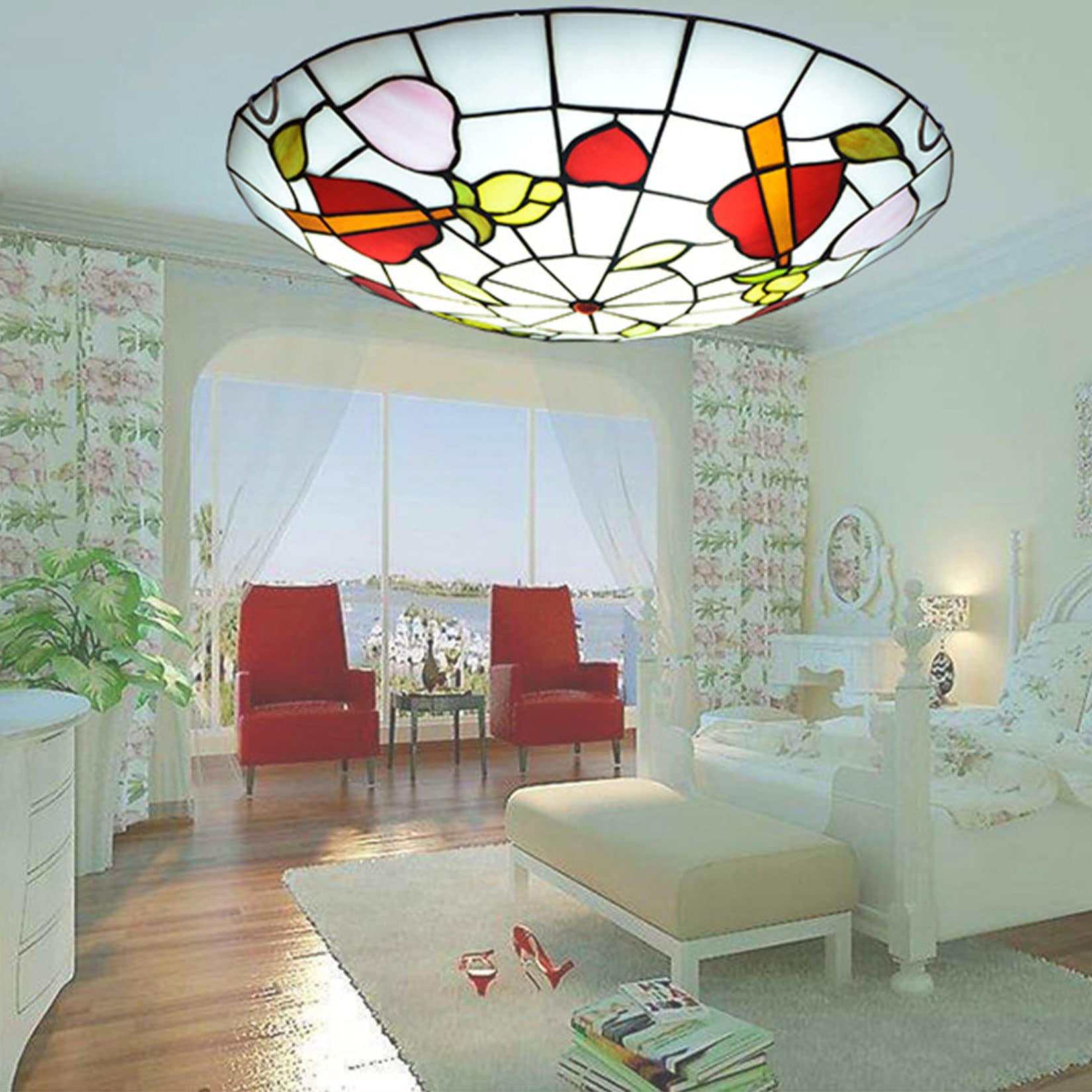 Wdcdyqdh Light/Peach/Red Tiffany Ceiling Stained Glass Flush Mount Lamp Fixture Retro Floral Heart Lampshade Pink Decor Ing Art Pendant Hanging For Living Room Dining Bedroom 16Inch