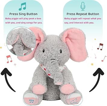 Peek A Boo Elephant Interactive Plush Toy with Moving Ears Musical Singing Talking Stuffed Animal Adorable Electric Animate Christmas Birthday Gifts for Girls Boys