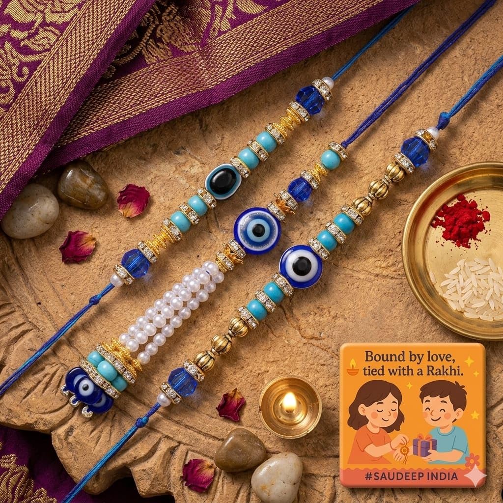SAUDEEP INDIA Decorative Fridge Magnet for Refrigerator Decor | Evil Eye Couple Rakhi Set for Bhaiya Bhabhi | Raksha Bandhan Gift Combo | Cotton Thread Rakhi Brother(1 Lumba, 2 Brother)