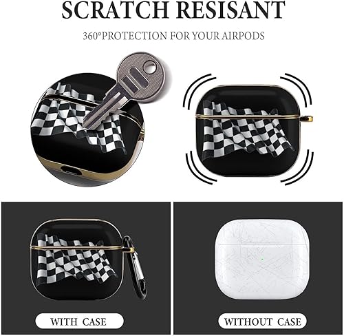 Miniatura 4 de Funda para AirPods 3, diseño de bandera de carreras a cuadros en blanco y negro con llavero y auriculares, accesorios de protección a prueba de