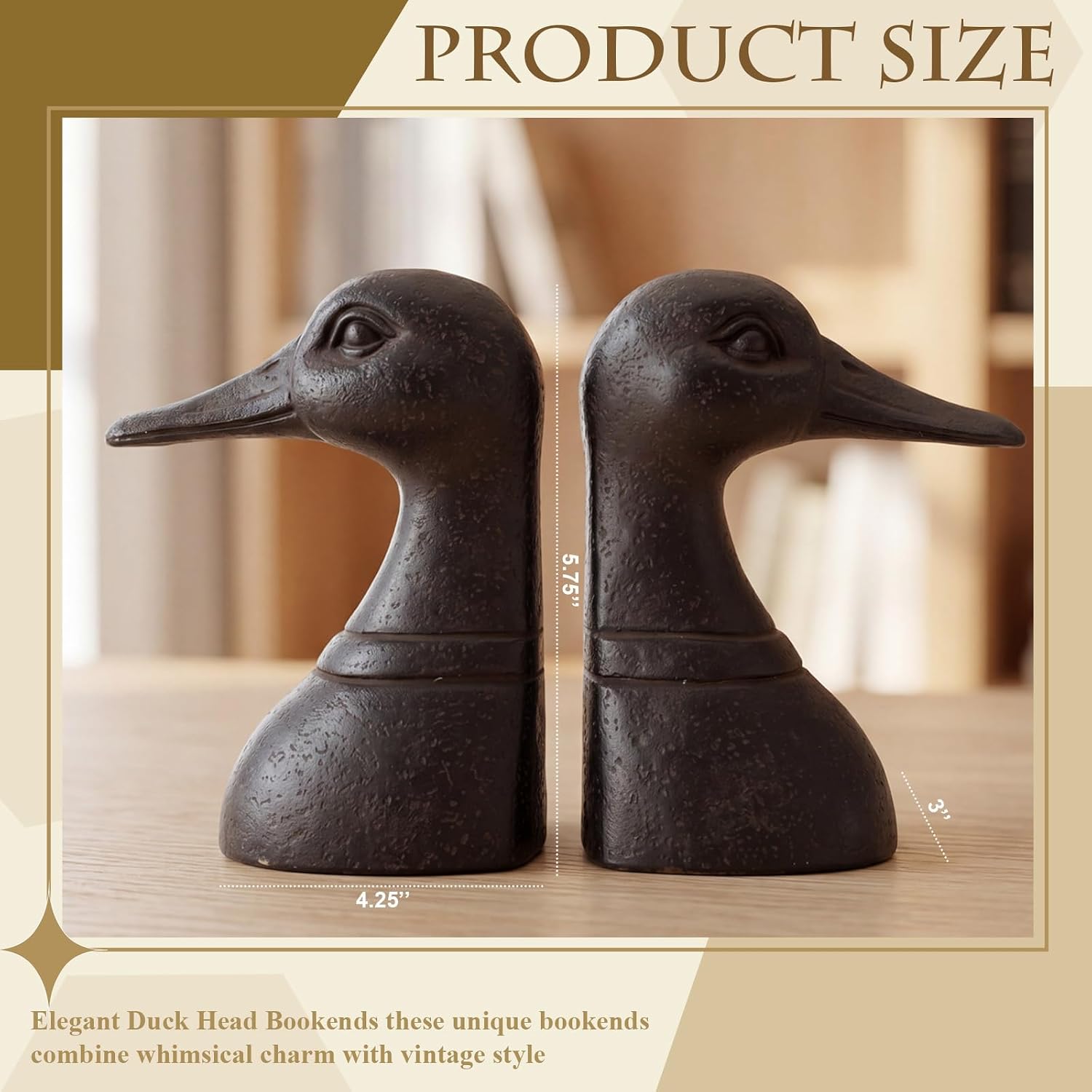 Junkin 2 Pcs Decorative Distressed Duck Head Bookends Rustic Vintage Bookend 4.25 x 3 x 5.75 Inch Resin Heavy Duty Book Stopper for Bookshelf Home Office Library Desk Decor Housewarming Birthday Gift