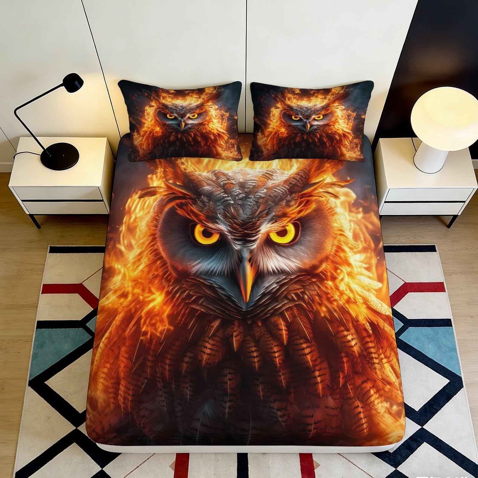 3D Printed Fiery Owl Fitted Sheet Microfiber Soft Breathable Flaming Bird Bed Cover for Bedroom Dormitory Guest Room Mattress Protection 160x200x25cm