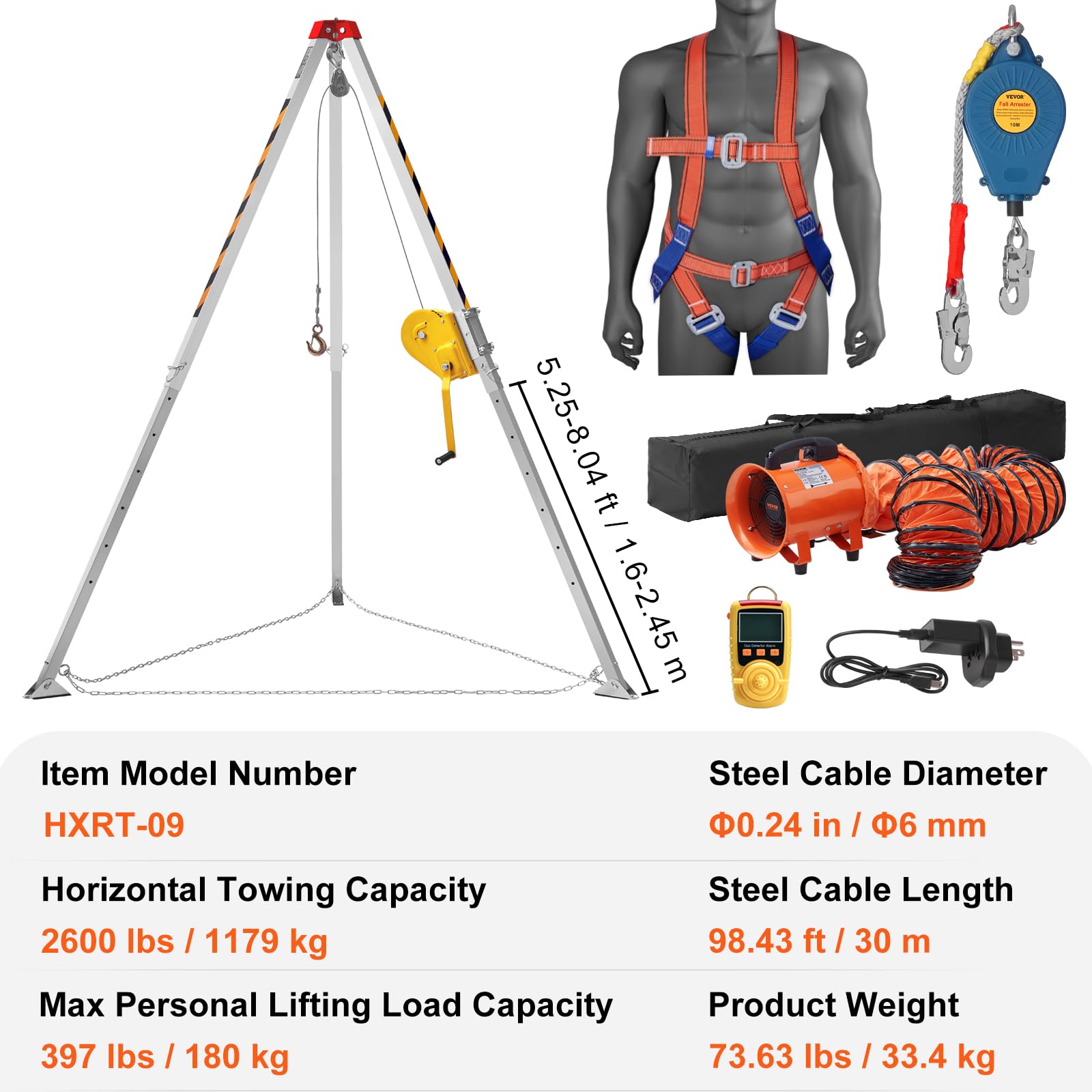 VEVOR Kit trépied pour espace confiné, 1179 kg, trépied de sauvetage, pieds 1,6 à 2,45 m câble 30 m protection contre les chutes de 32,8', harnais, souffleur, sac pour espaces confinés traditionnels
