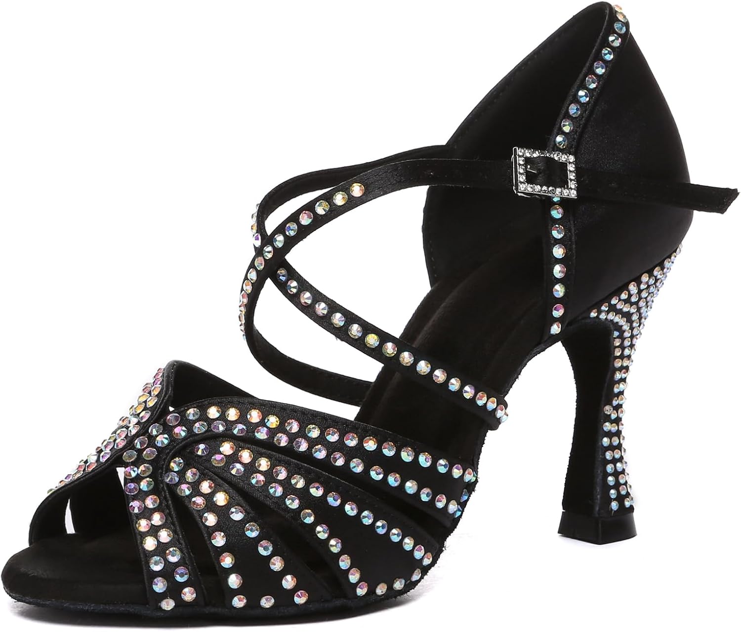 Womens Low High Heel Dance Shoes with Rhinestones Comfortable Wedding Evening Sandals Black 3.5" Heel US 8.5