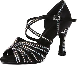 Womens Low High Heel Dance Shoes with Rhinestones Comfortable Wedding Evening Sandals