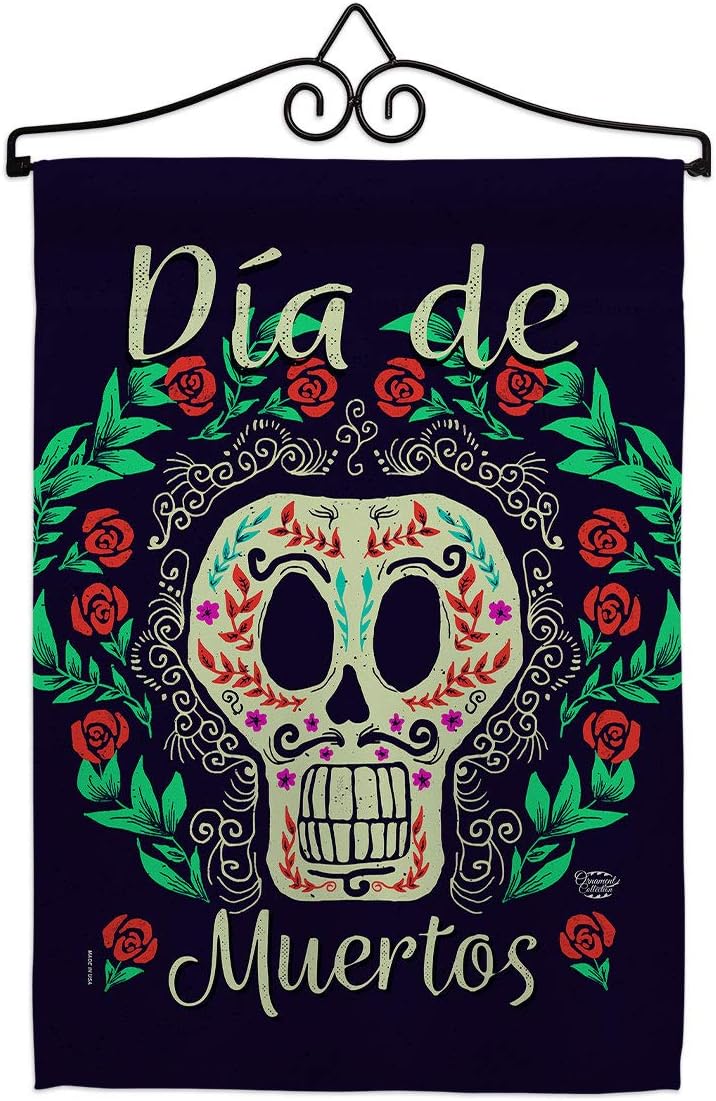 Dia de Muertos Skeleton Garden Flag Set Wall Holder Falltime Day of Dead Los Fiesta Mexican Party Autumntime Small Decorative Gift Yard House Banner Made In USA 13 X 18.5