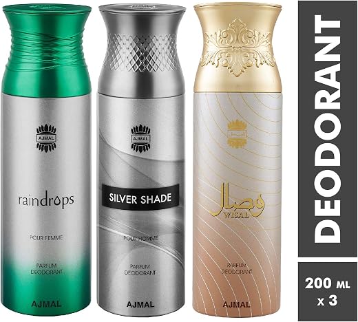 Ajmal Raindrops &amp; Silver Shade &amp; Wisal Deodorant Spray - For Men &amp; Women (200 ml, Pack of 3)