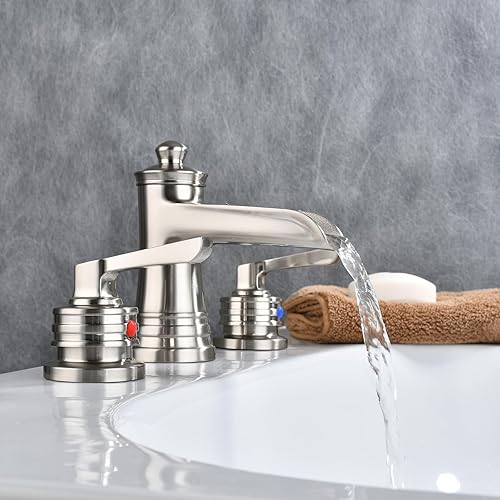 Miniatura 8 de Grifos de baño en cascada para fregadero de 3 agujeros, grifo de baño de níquel cepillado de 2 manijas con válvula, grifo de baño de níquel