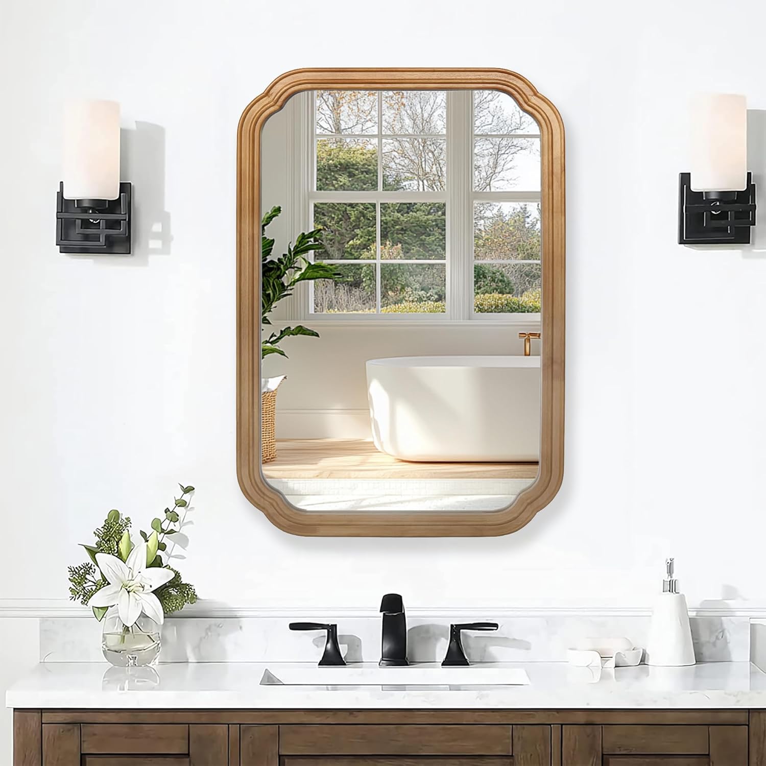 20" Elegant Wood Framed Bathroom Storage, Multifunctional Organizer with Hidden Cabinet, Practical Cabinet with Mirror for Wall Use, Antique Natural