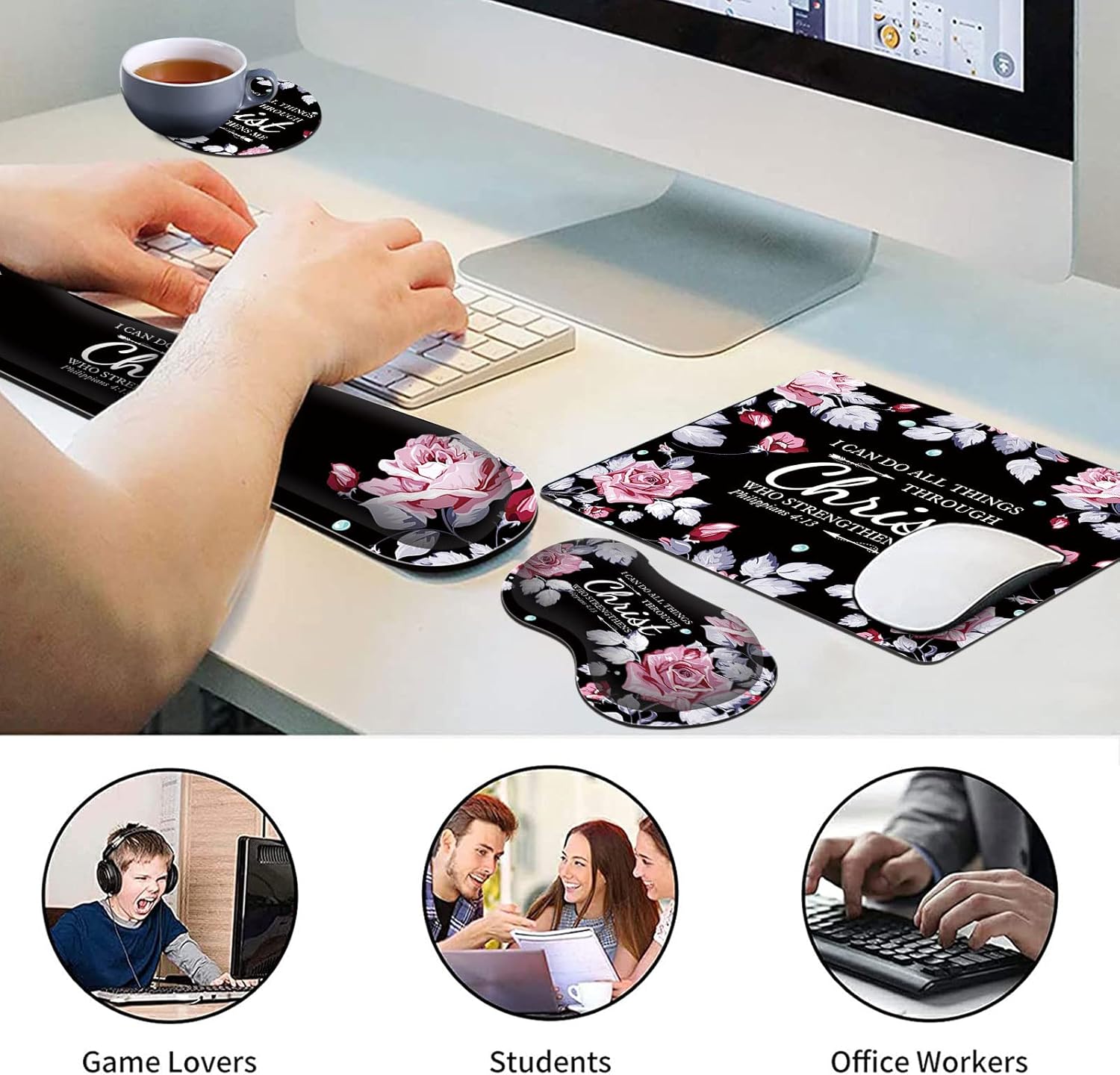 Mouse Pad with Wrist Rest+Keyboard Wrist Rest+Coaster, All in One Mouse Pad Set of 4 for Easy Typing Pain Relief, RYUITHDJP Memory Foam Wrist Support for Office Home Inspirational Quote Christian
