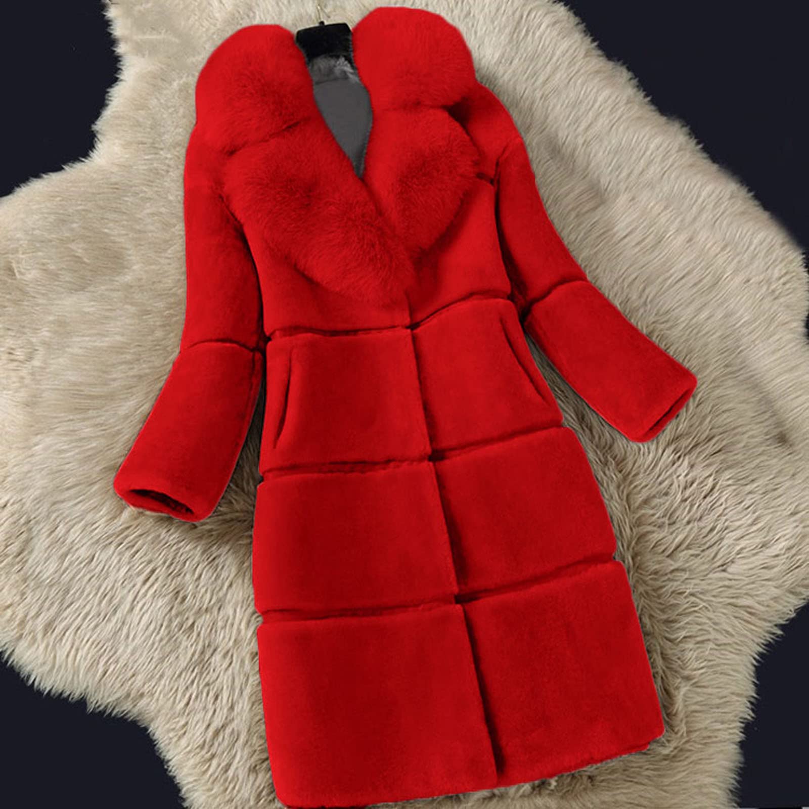 Abrigo de invierno para mujer, largo medio, de piel sintética, elegante, fino, chaqueta de piel sintética, abrigo de piel sintética, cuello en V, abrigo de piel sintética de invierno
