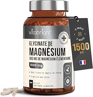 Visuel du produit : VitaBright Magnésium Bisglycinate Bio 1500 mg – 300 mg de magnésium élémentaire par portion – 180 gélules végétales pour 3 mois – Sans additifs.