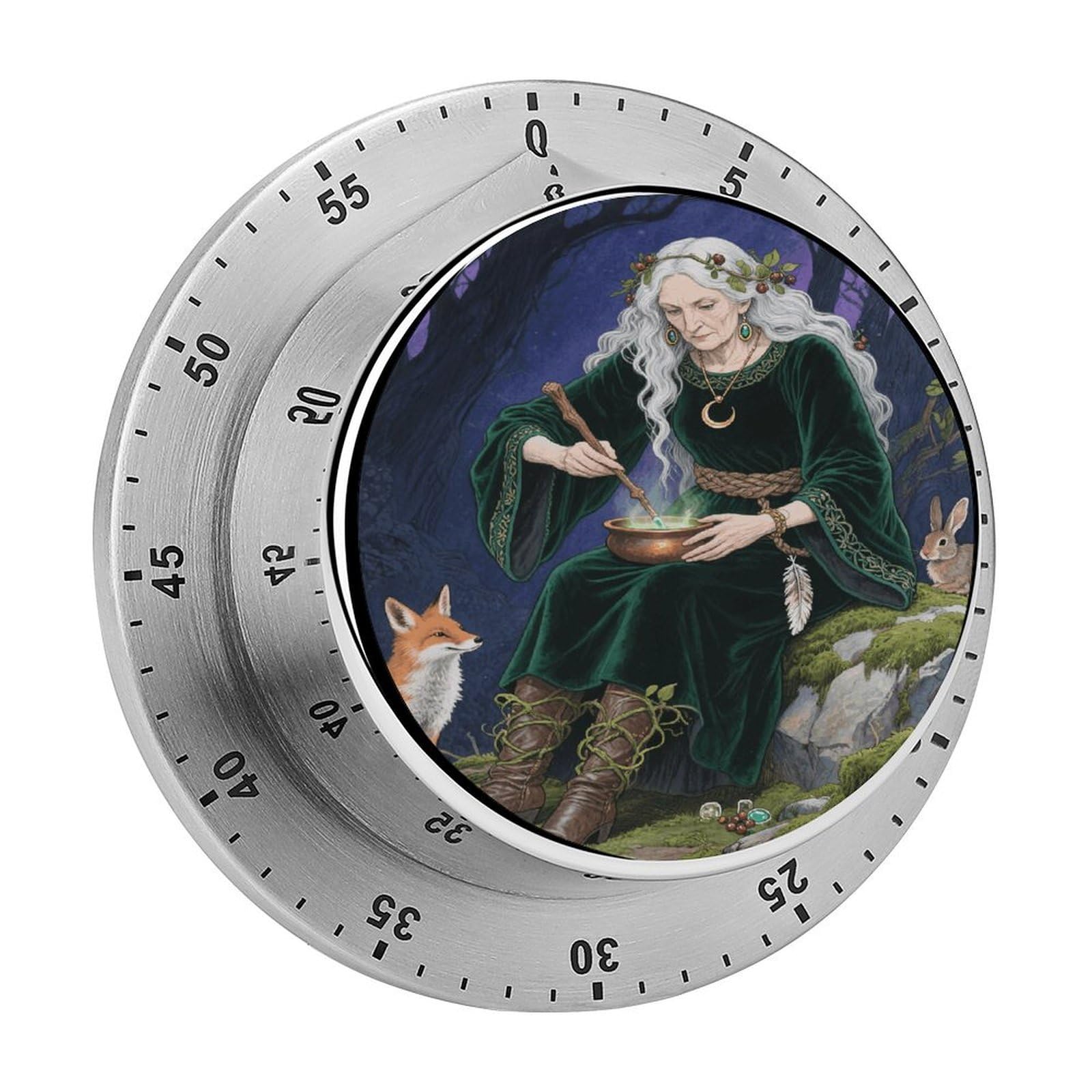 Forest Witch Timer Exquisite Stainless Steel Body Mechanical Desk Timers 60 Minutes Visual Countdown Timers with Magnetic Backing Loud Alarm Kitchen Timer for Cooking