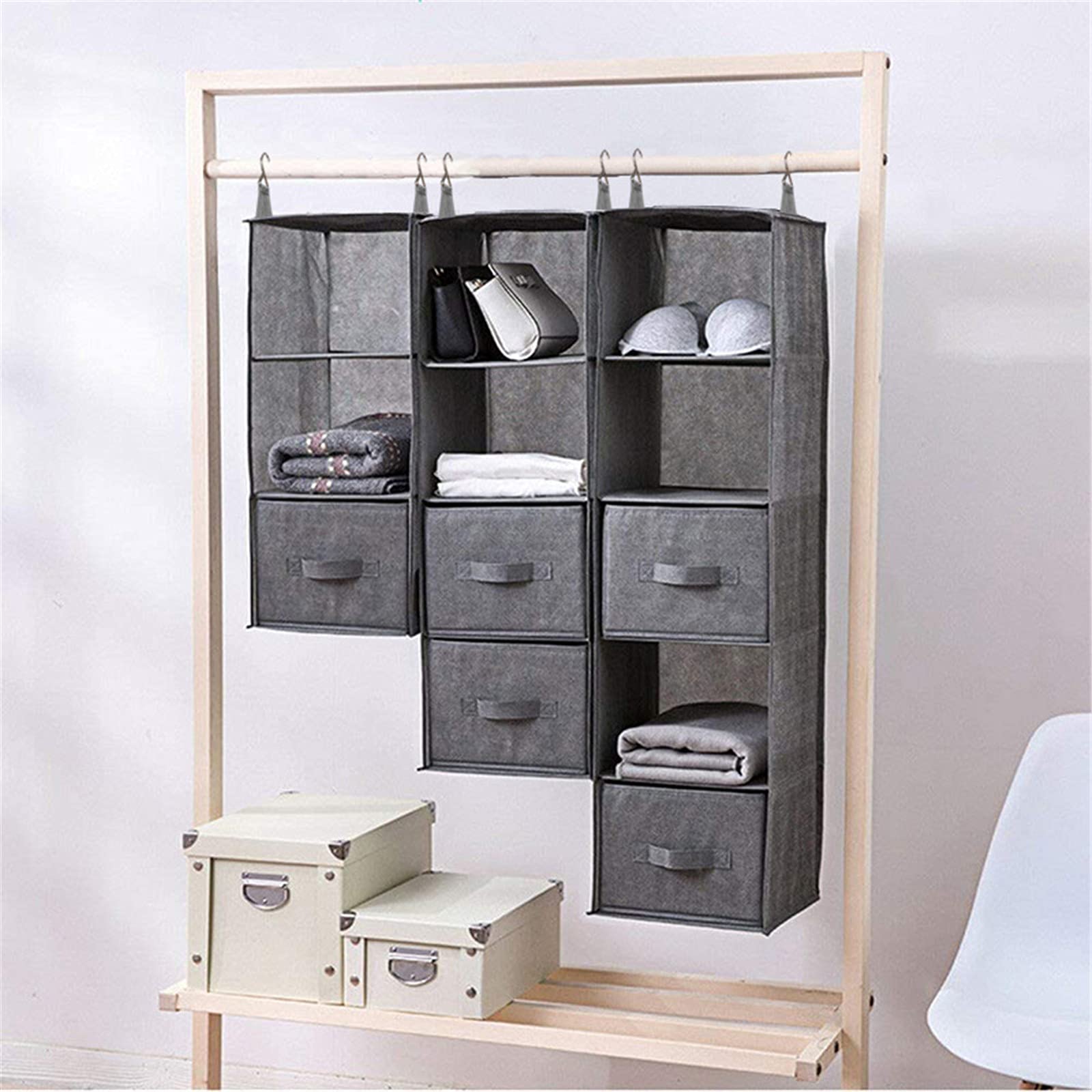 Hängeorganizer Hängeaufbewahrung mit Fächern, Multifunktionale Hängeregal Kleiderschrank Organizer Aufbewahrung mit 2 Metallhaken (Gelb,4 Ebenen mit 2 Schubladen)